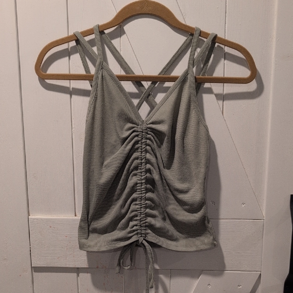 Active USA Trendy Pistachio Green Ruched Drawstring Tank, Size Large